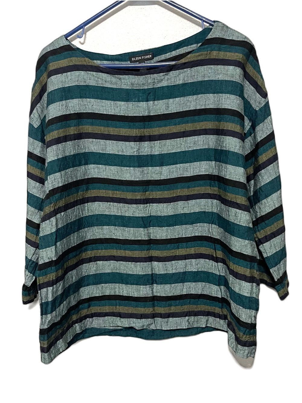 Eileen Fisher 100% Linen Striped Boxy Shirt Blue Green Artsy Womens Medium
